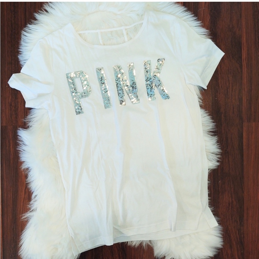 White Pink brand silver bling tee with cut out back from Victoria secret.